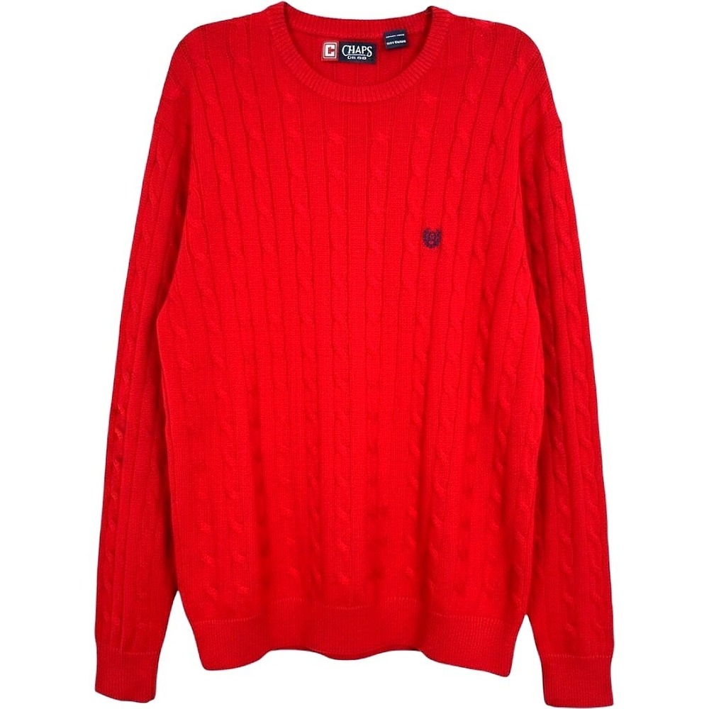 Chaps Mens XL Red Cable Knit Crewneck Sweater 100% Cotton Pullover Logo Classic